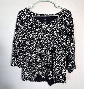 J. Jill Forward-Seam Tee Size M Black White Spotted Dot Tunic 3/4 Sleeve Cotton